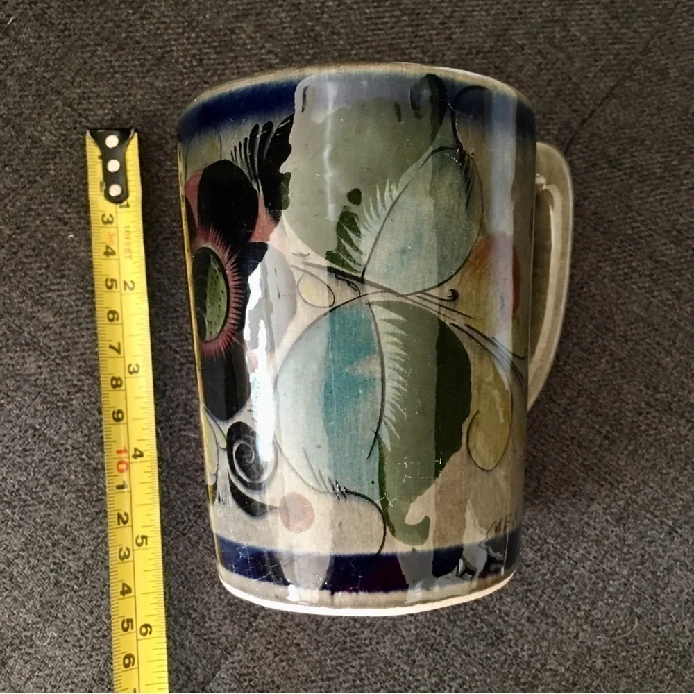 Handmade Mexican Pottery Mug, Floral, Blue, Gray, Colorful, 16 oz